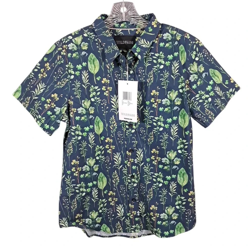 Wildfang The Essential Button-Up Blue Short Sleeve Blouse Size Small Leafy Navy